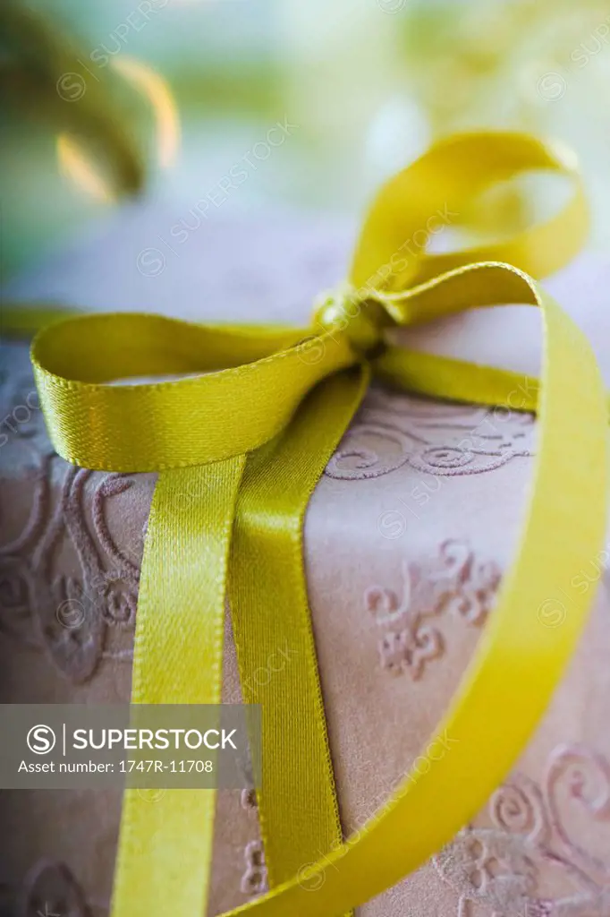 Wrapped gift tied with gold ribbon, close-up