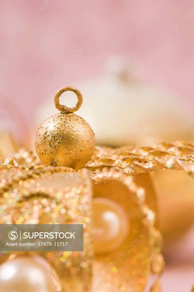 Golden Christmas decorations, close-up