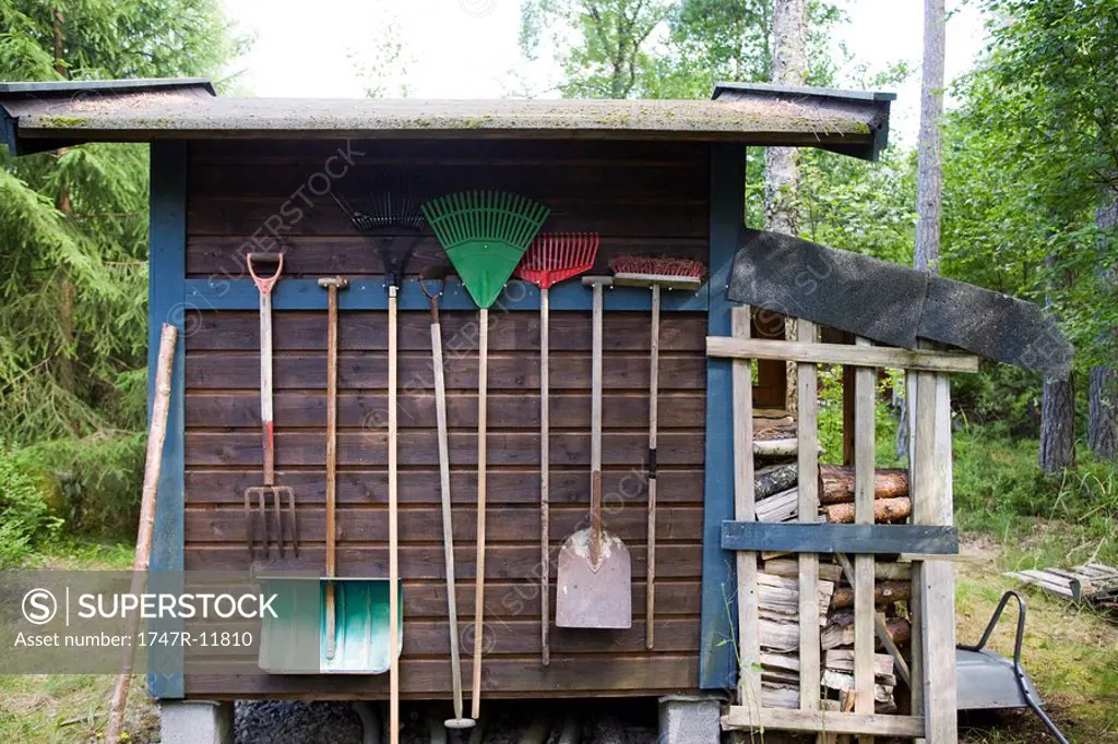 Gardening tools hung on side of shed