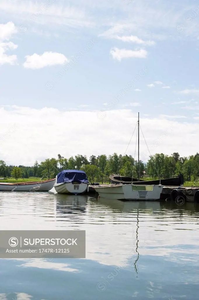 Boats docked near lake pier