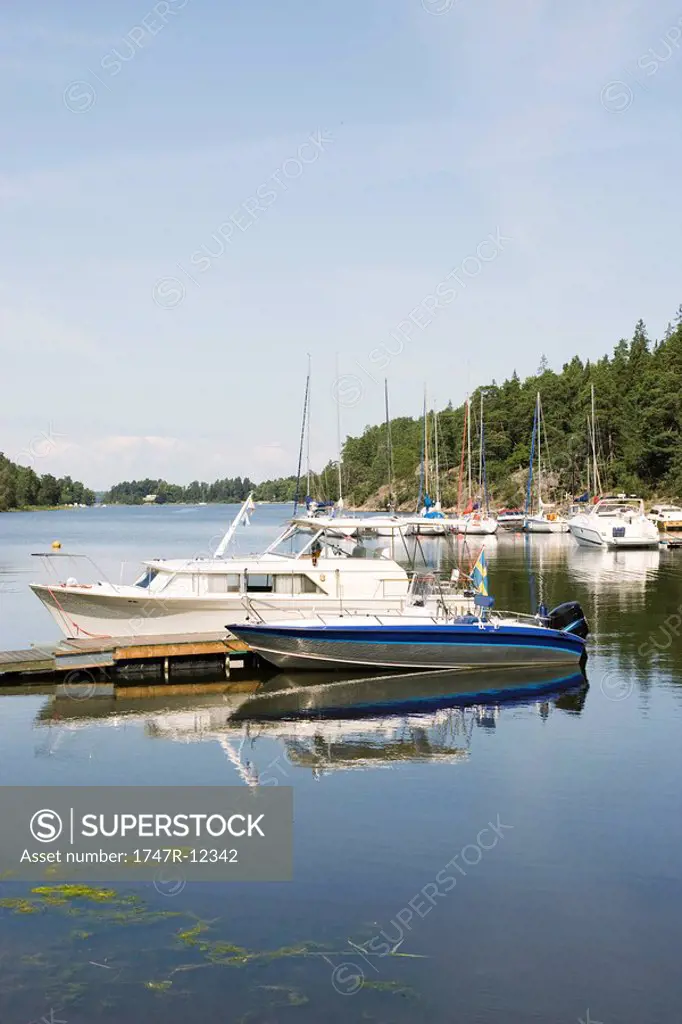 Boats docked in lake marina