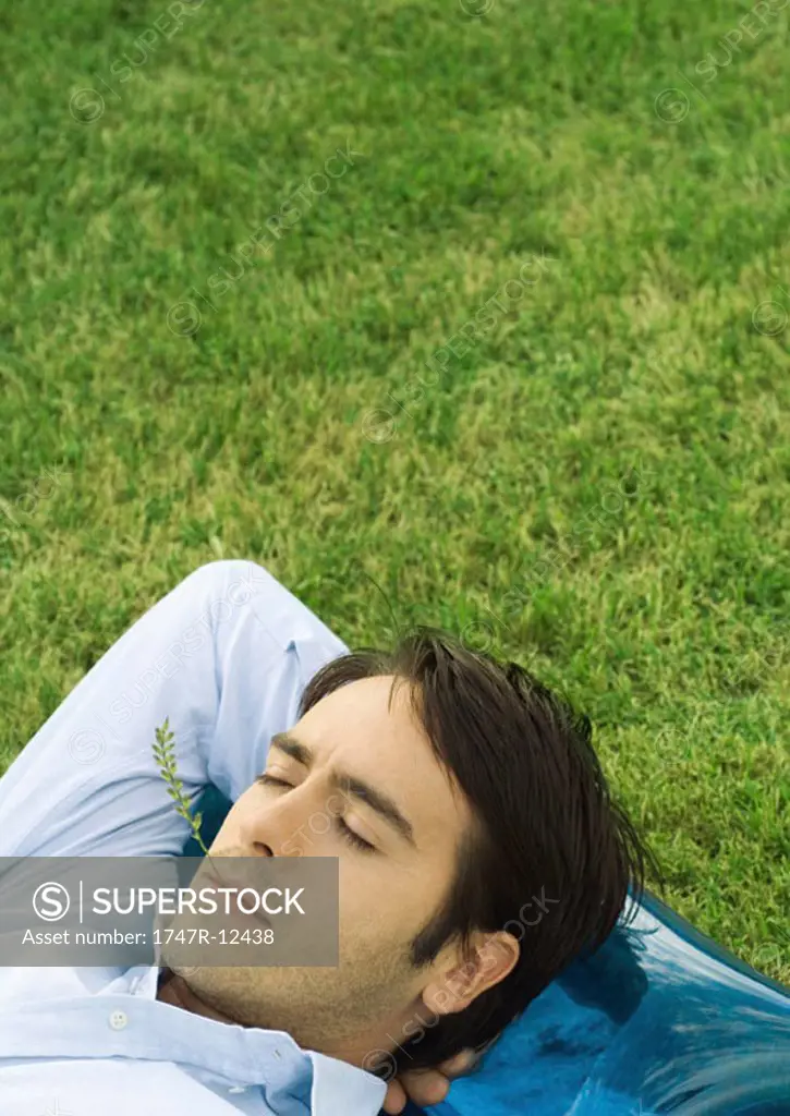 Man lying in grass with sprig of vegetation in mouth