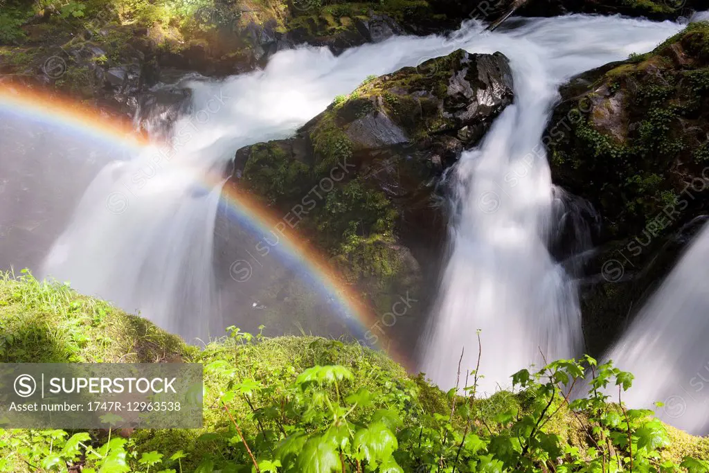 Rainbow over waterfall, Olympic National Park, Washington, USA
