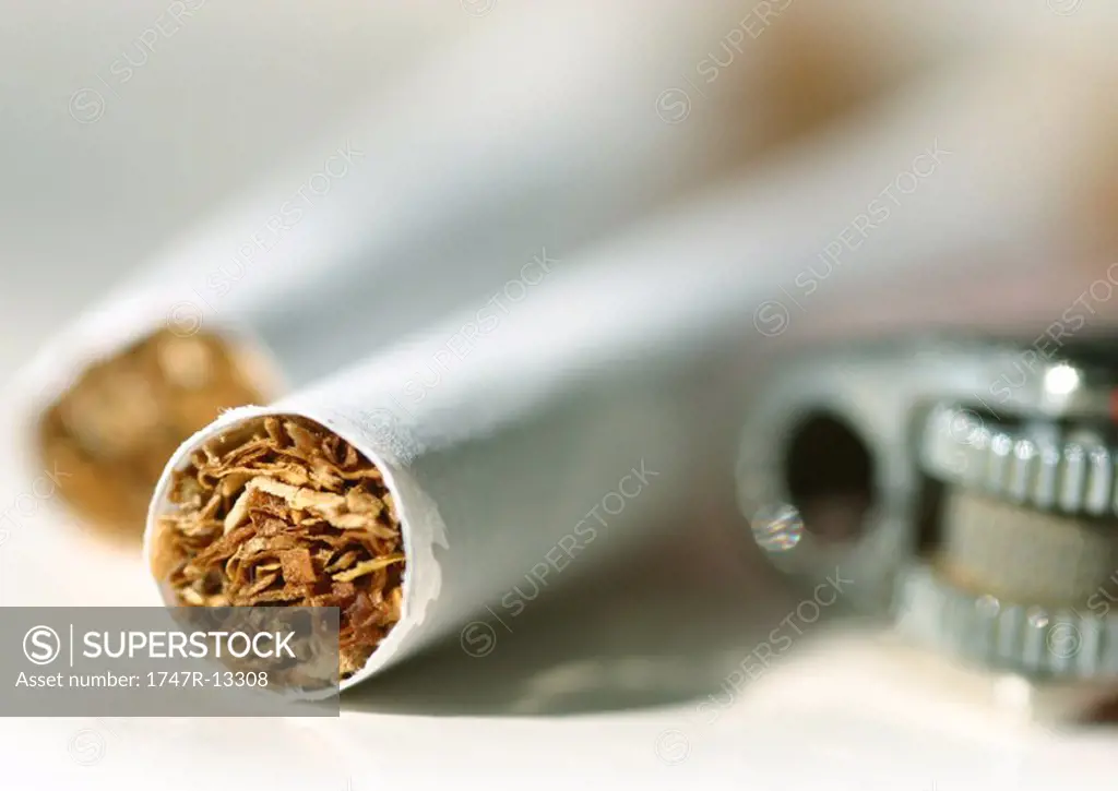 Cigarettes and lighter, extreme close-up
