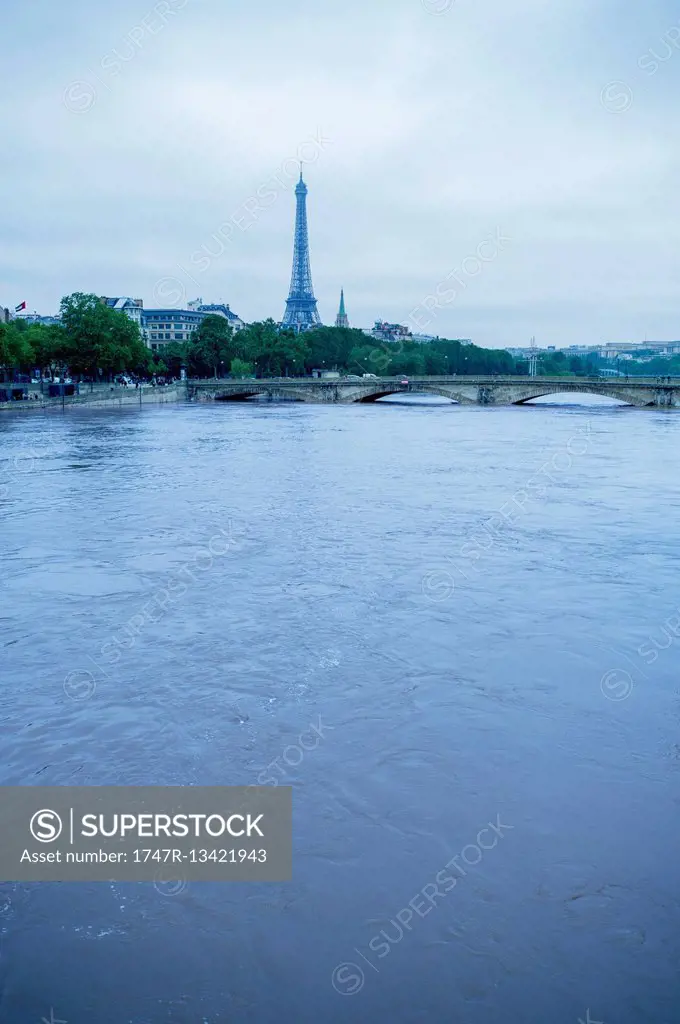 France, Paris, Eiffel Tower viewed from the Seine River