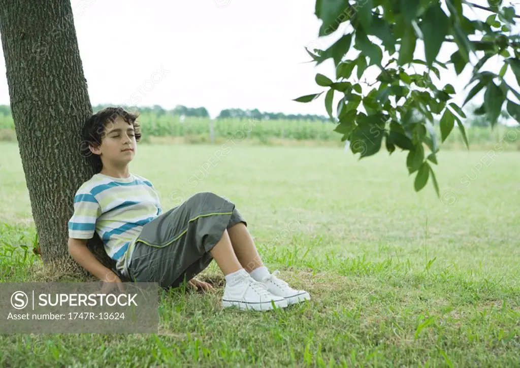 Boy sitting on ground, leaning against tree trunk