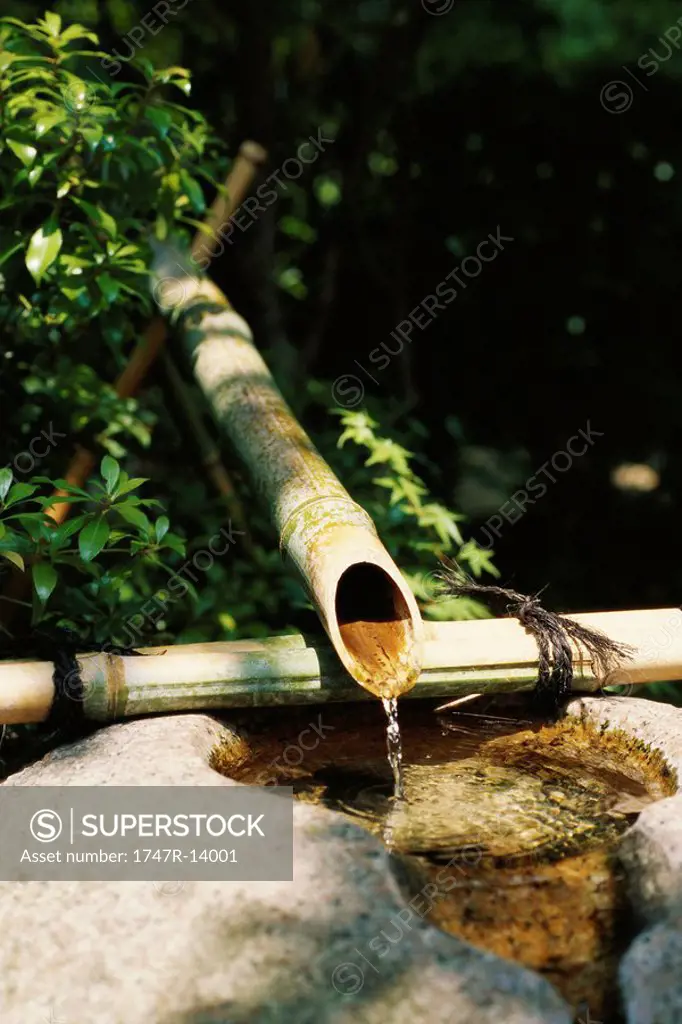 Water trickling from bamboo pipes into stone wash basin, Japan