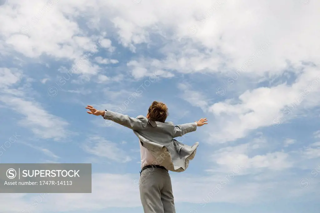 Businessman with arms outstretched against cloudy sky, rear view