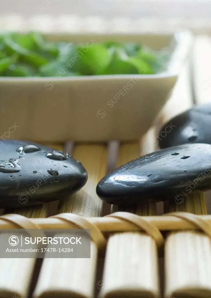 Wet stones, bamboo mat and dish containing vegetation