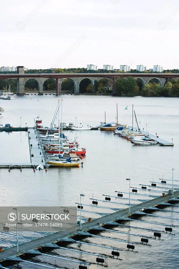 Sweden, Stockholm, boats docked in marina