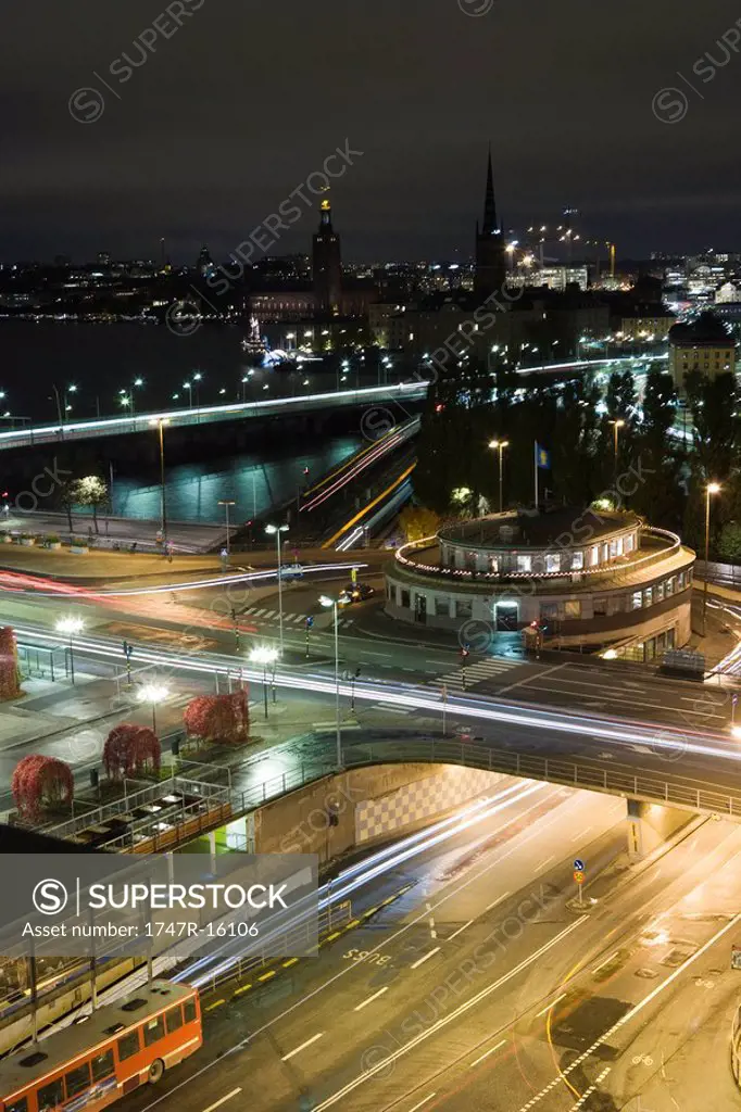 Sweden, Stockholm, Slussen, city at night, long exposure