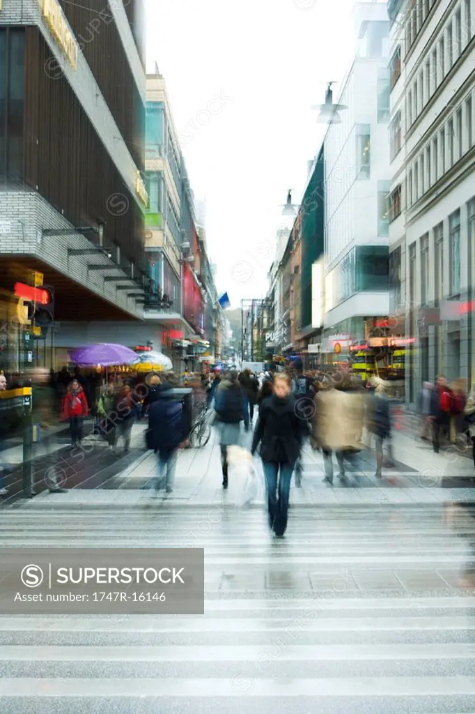 Sweden, Stockholm, pedestrian street, blurred motion