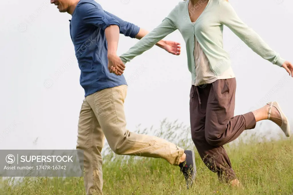 Couple holding hands running on meadow, cropped