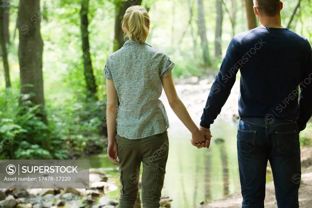 Couple holding hands, looking at stream running through woods