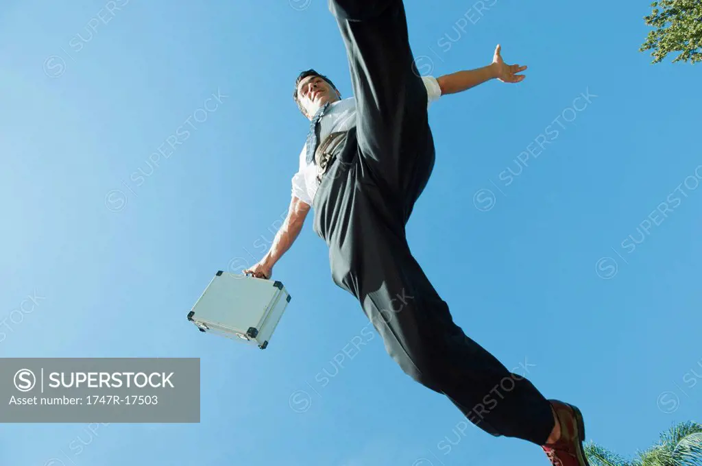 Businessman jumping in air carrying briefcase, low angle view