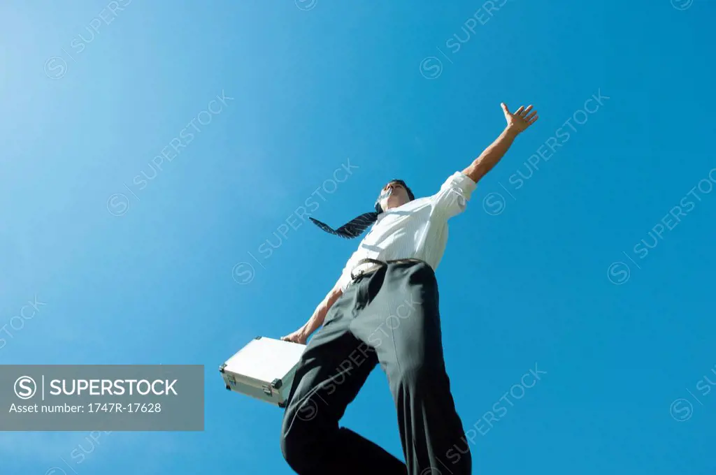 Businessman jumping in air carrying briefcase, low angle view