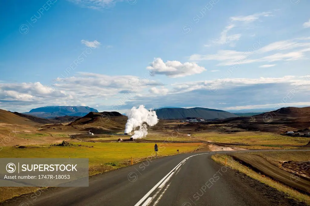 Route 1 moving past geothermal power station, Krafla, Iceland