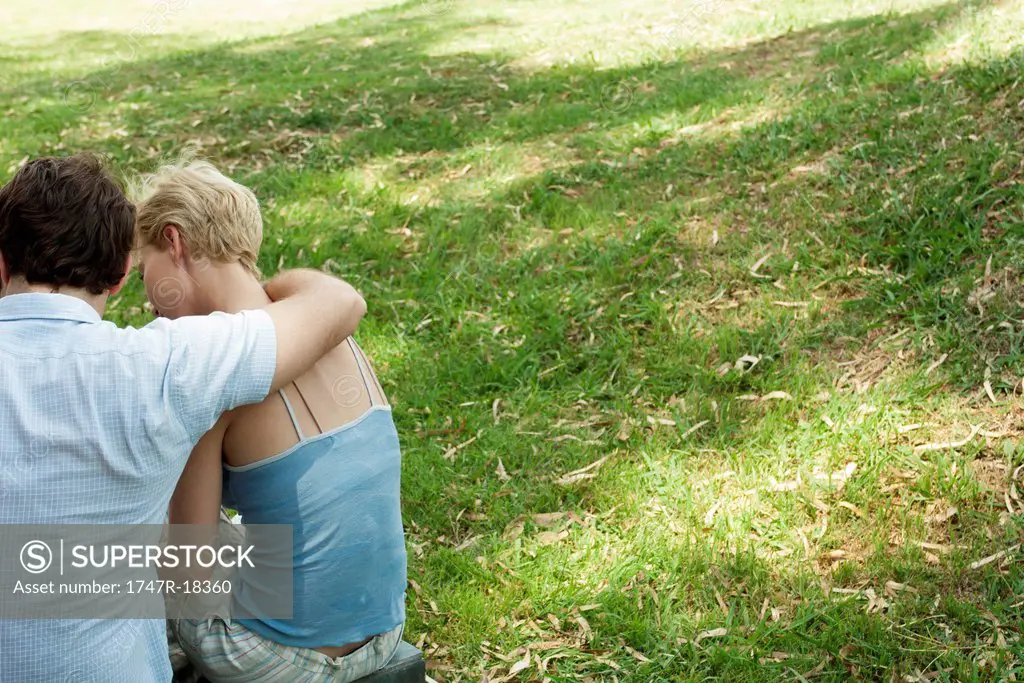 Couple sitting together on grass, rear view