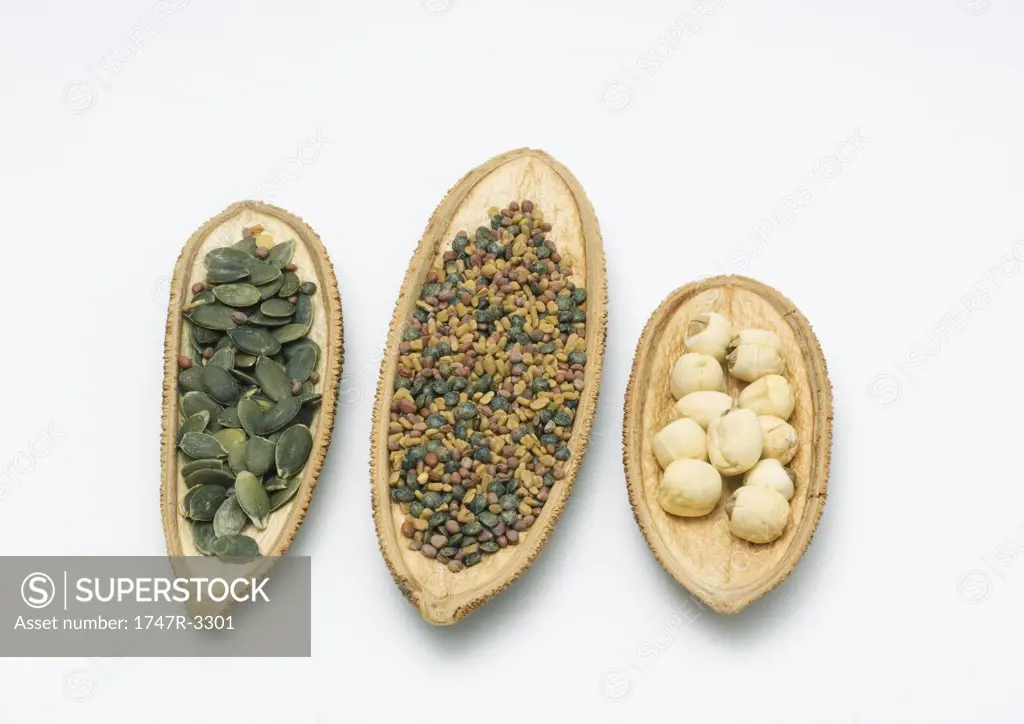 Pumpkin seeds, sprouting seed mix, and lotus seeds in dried husks