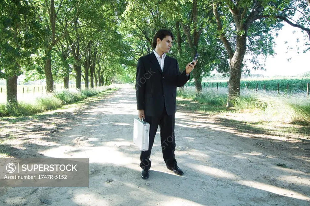 Businessman standing in rural road, holding briefcase, looking at cell phone