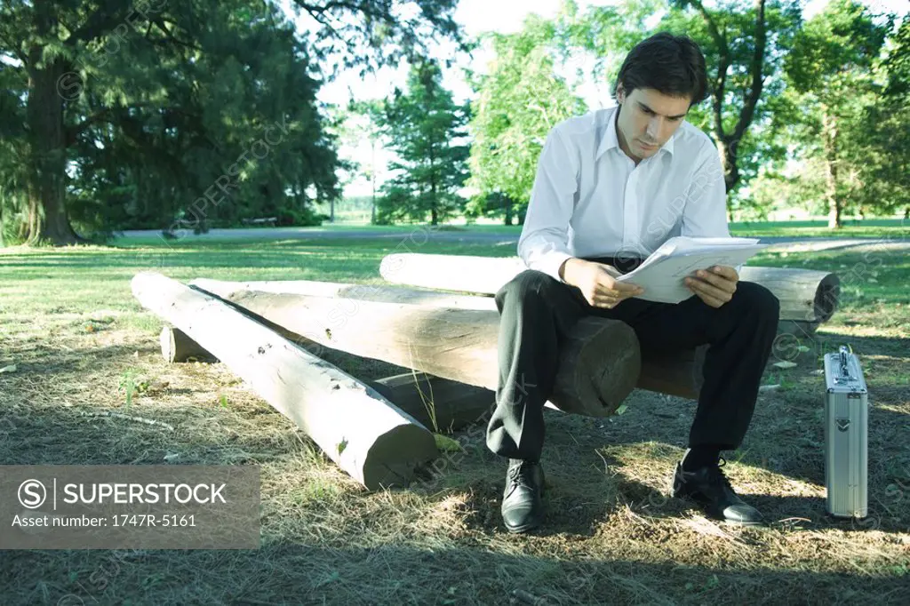 Businessman sitting on logs, reading documents