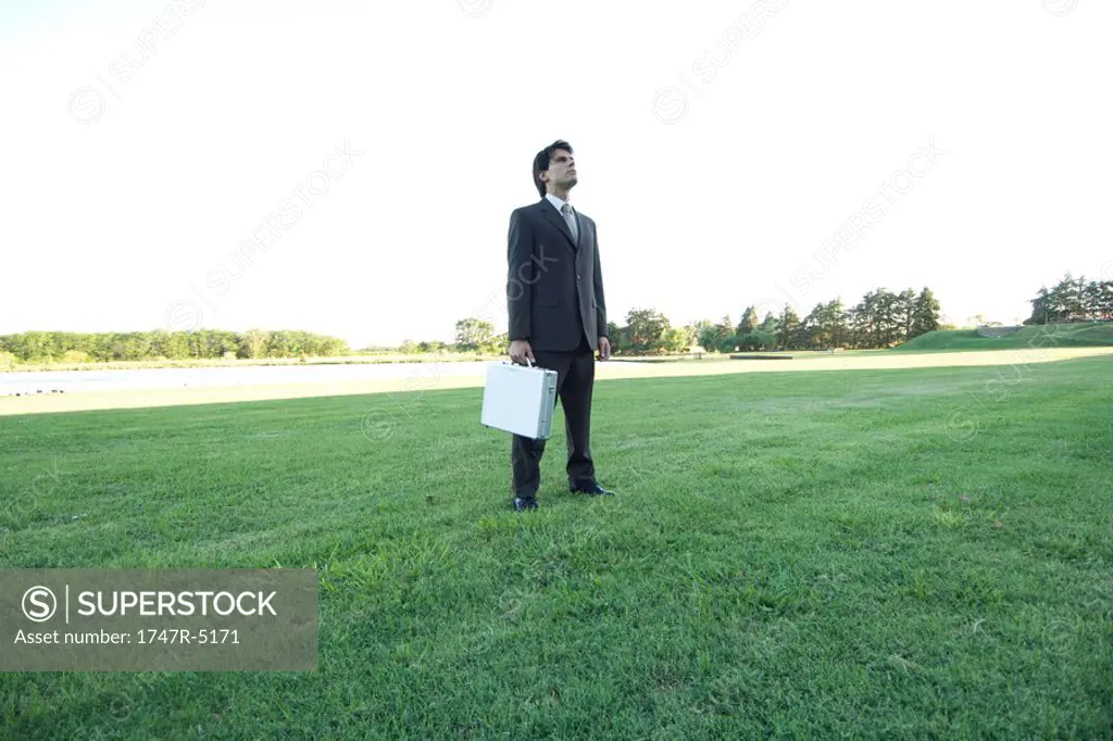 Businessman standing on lawn, holding briefcase