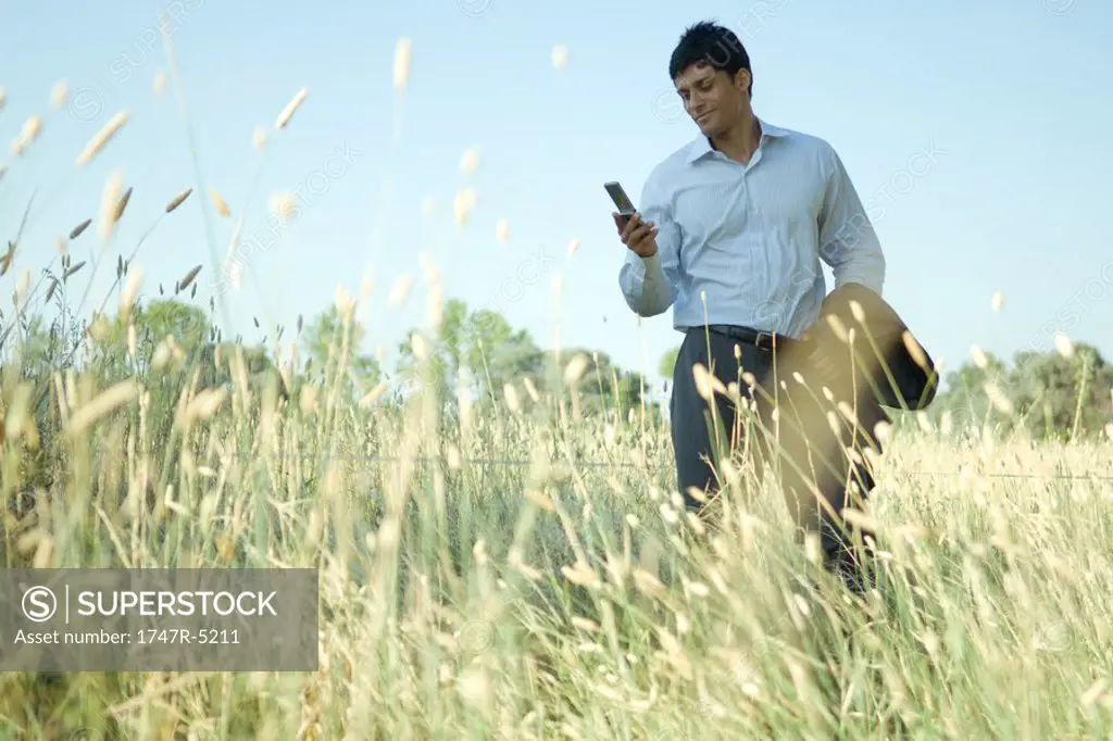 Businessman standing in field, looking at cell phone