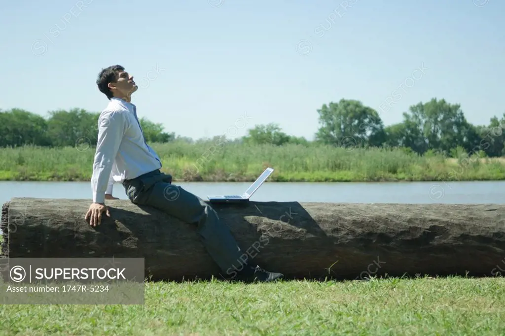 Businessman sitting on tree trunk with laptop, looking up