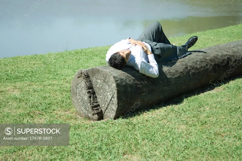Businessman lying on log