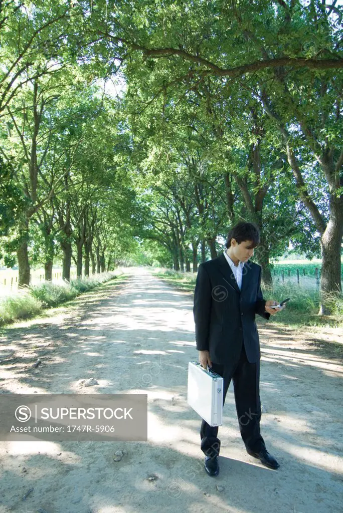 Businessman standing in rural road, holding briefcase and cell phone