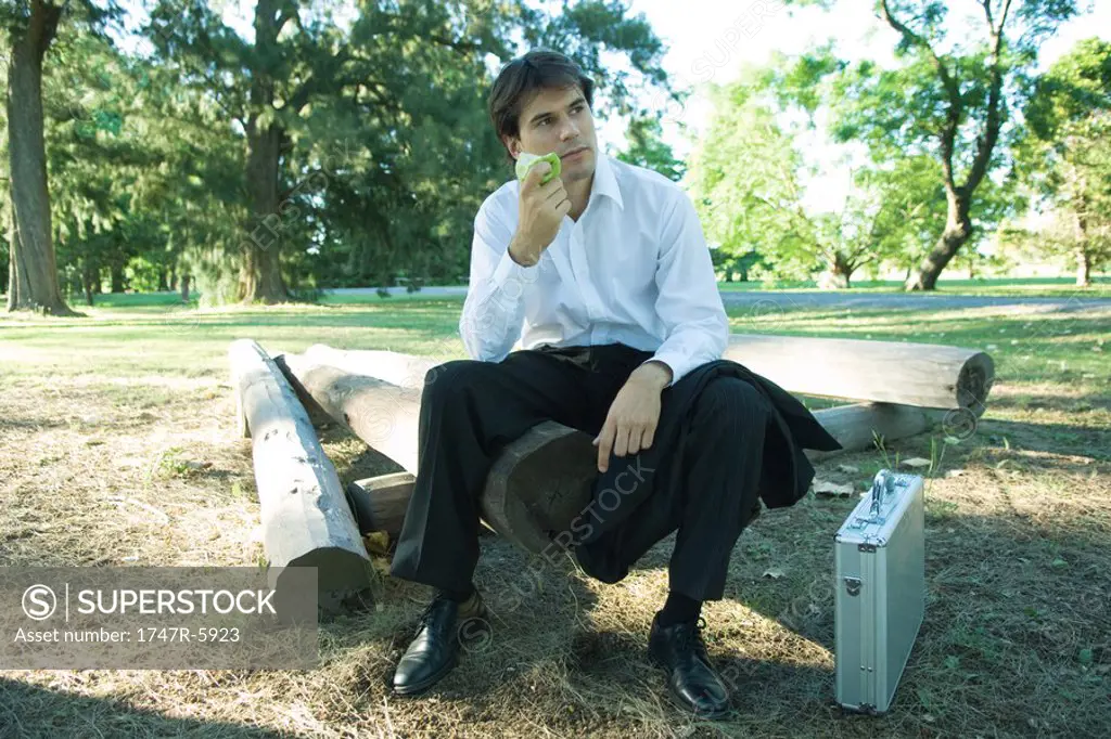 Businessman sitting on log, eating apple