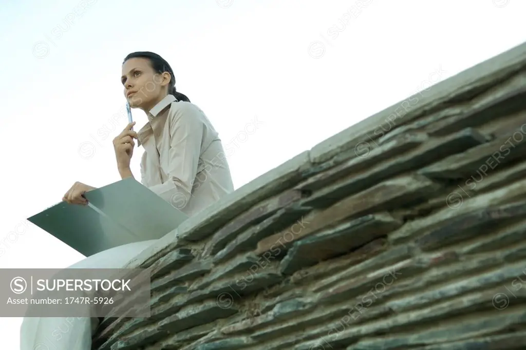 Businesswoman holding file and pen, thinking, low angle view