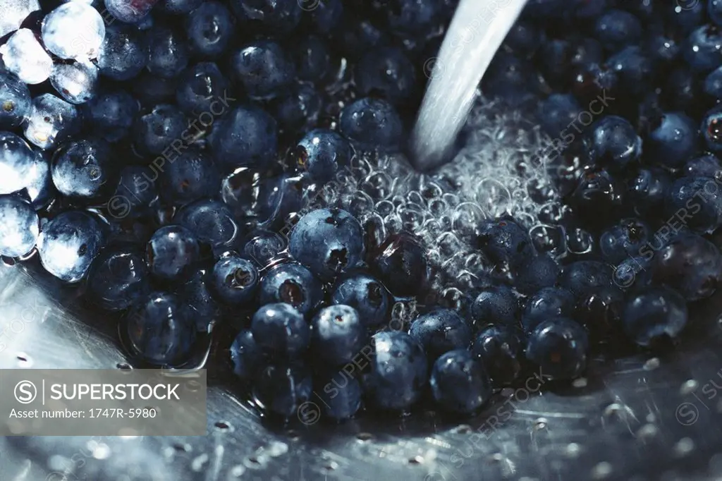 Blueberries in colander being rinsed