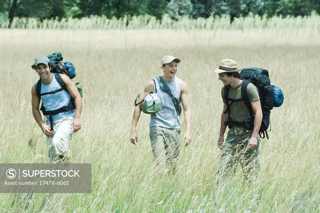 Three hikers walking through field, front view