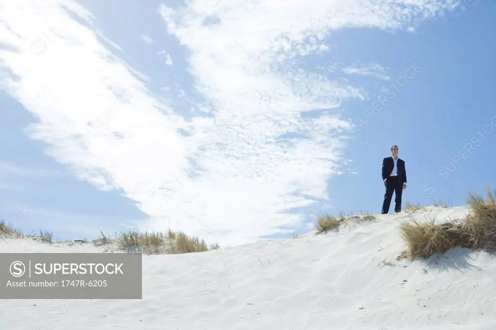 Businessman standing on dune with hands in pockets, low angle view