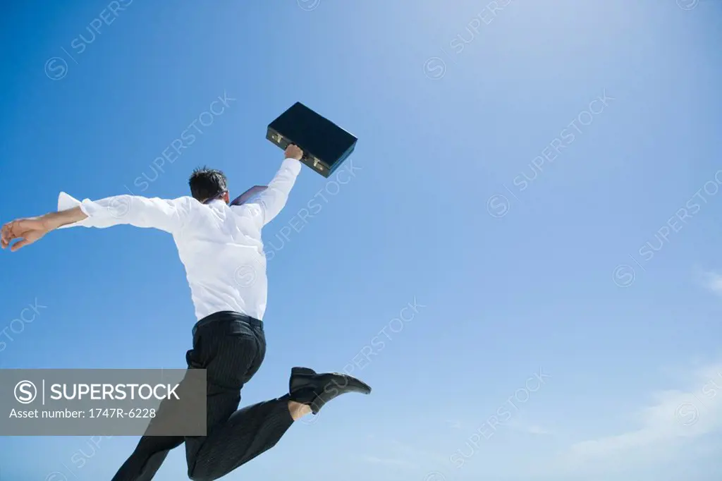 Businessman jumping in air with briefcase held up high, sky in background, low angle view