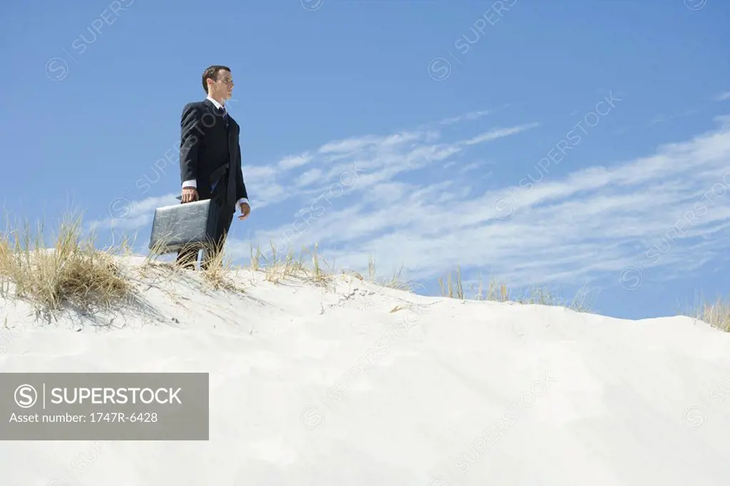 Businessman standing on sand dune, holding briefcase, low angle view