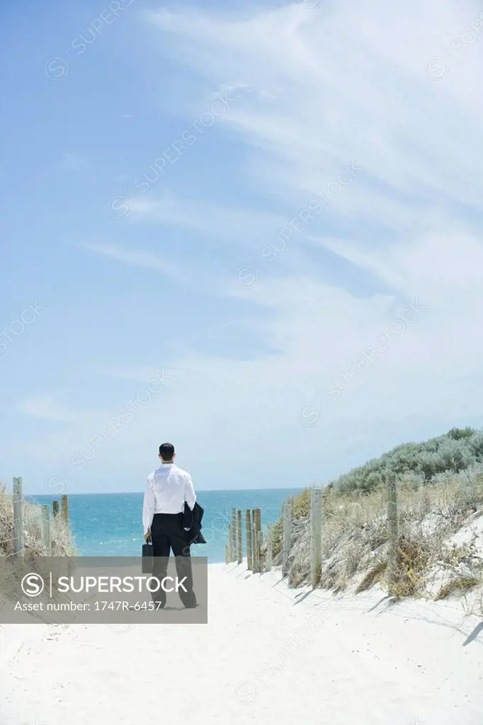 Businessman standing on sandy path leading to ocean, rear view