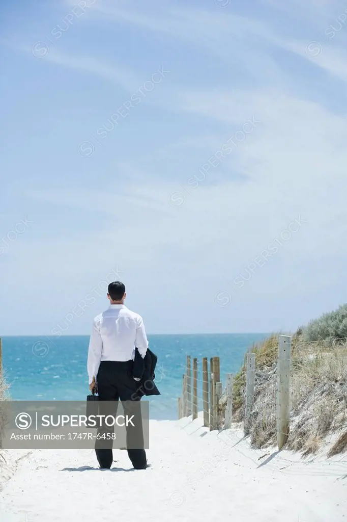 Businessman standing on sandy path leading to ocean, rear view