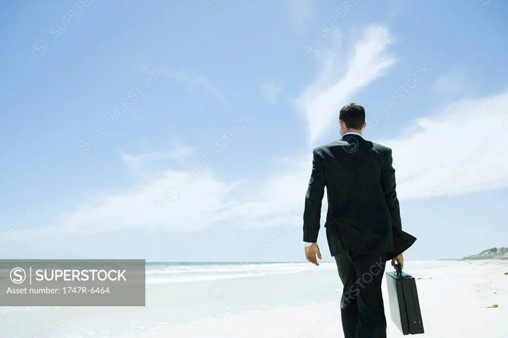 Businessman walking across beach, carrying briefcase, rear view