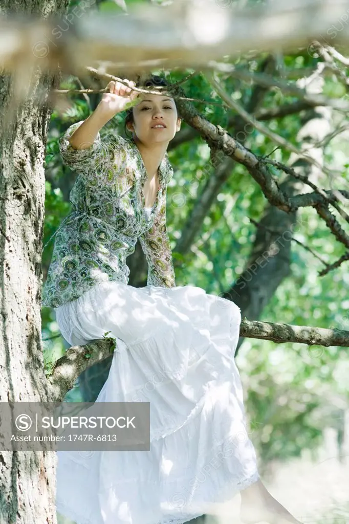 Young woman sitting in tree, looking at camera