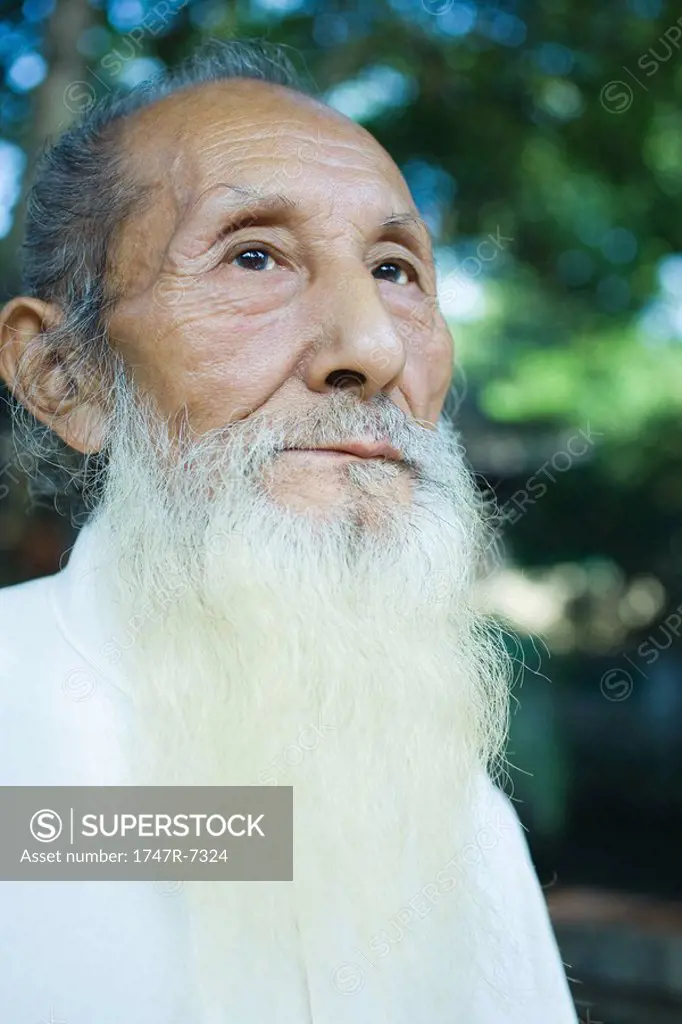Elderly man with long white beard, low angle view, portrait