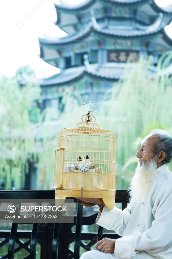 Elderly man wearing traditional Chinese clothing, holding up birdcage, pagoda in background