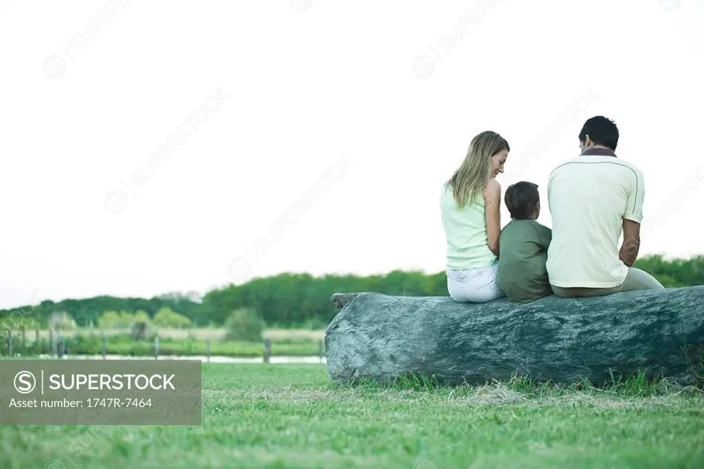 Boy sitting on log between parents, rear view