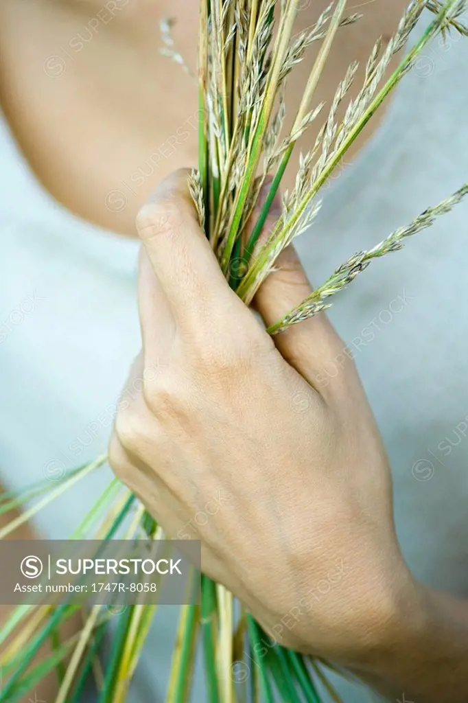 Woman holding handful of vegetation up, close-up, cropped
