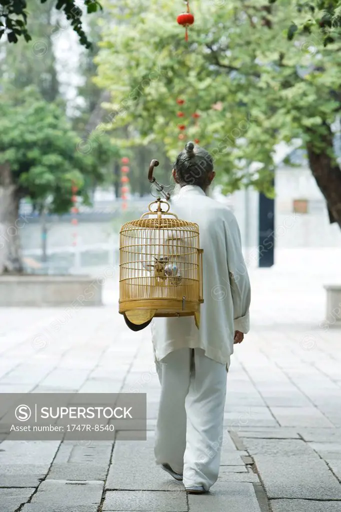 Elderly man in traditional Chinese clothing, carrying bird cage over back, rear view
