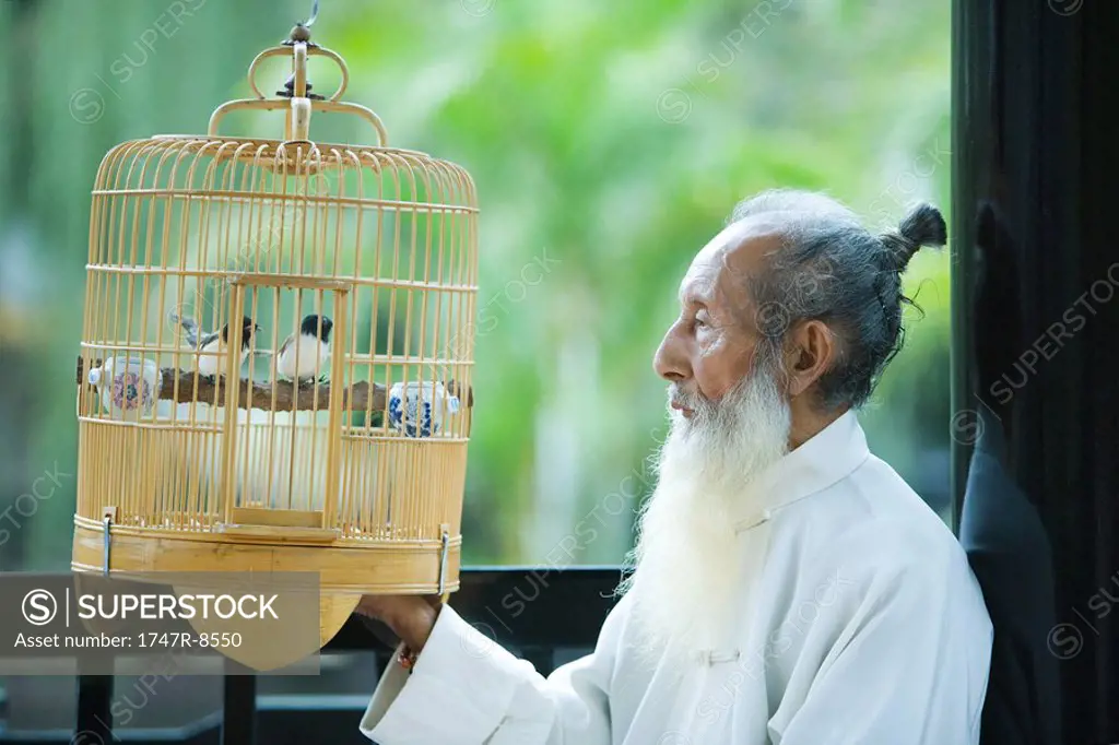 Elderly man in traditional Chinese clothing, looking at birds in bird cage