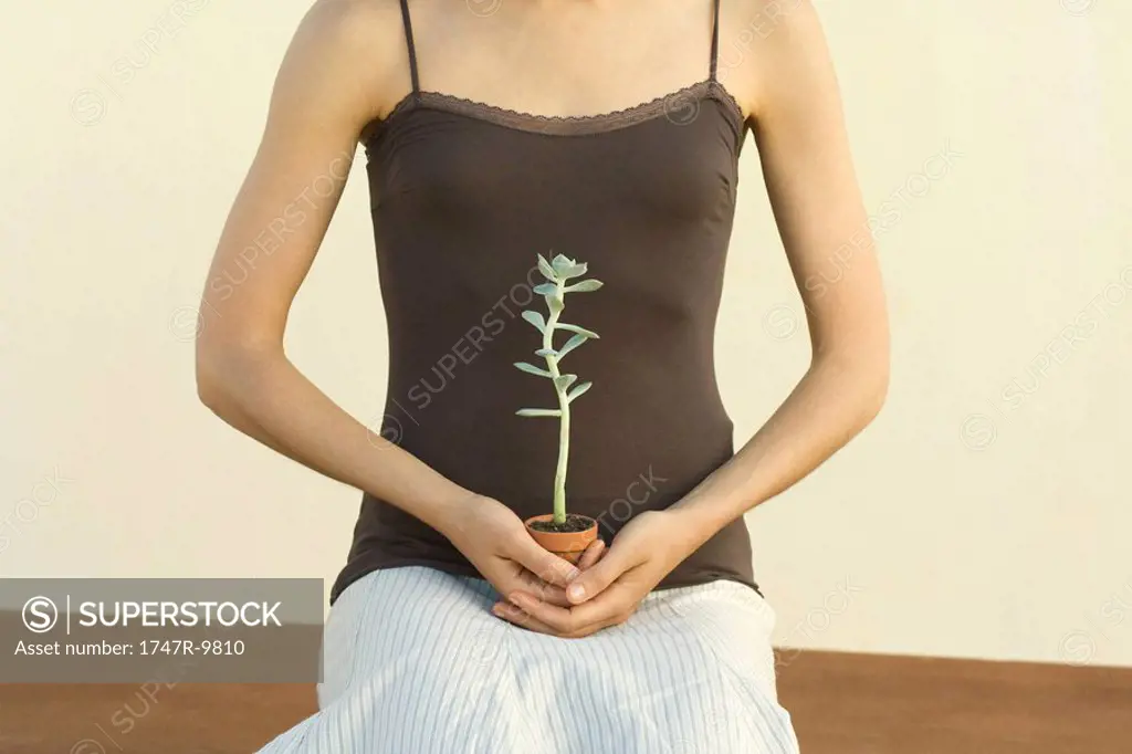 Woman holding potted jade plant on lap, cropped view