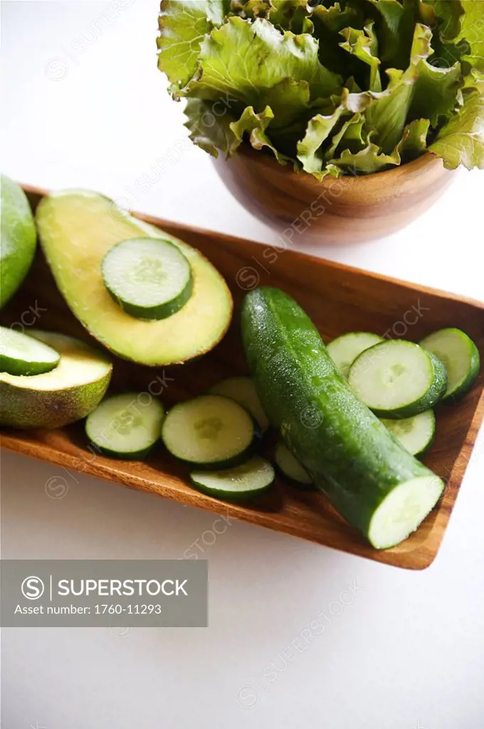 Hawaii, Dish of avocado and cucumbers and lettuce bowl.