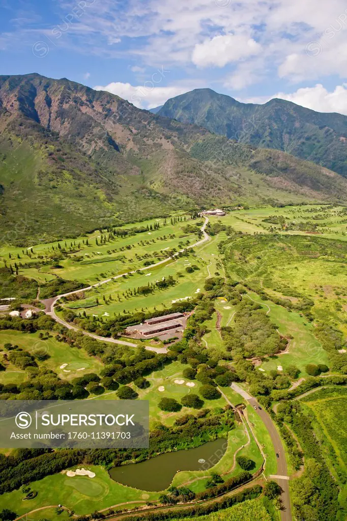 Hawaii, Maui, Waikapu, Aerial Of King Kamehameha Golf Course And West Maui Mountains